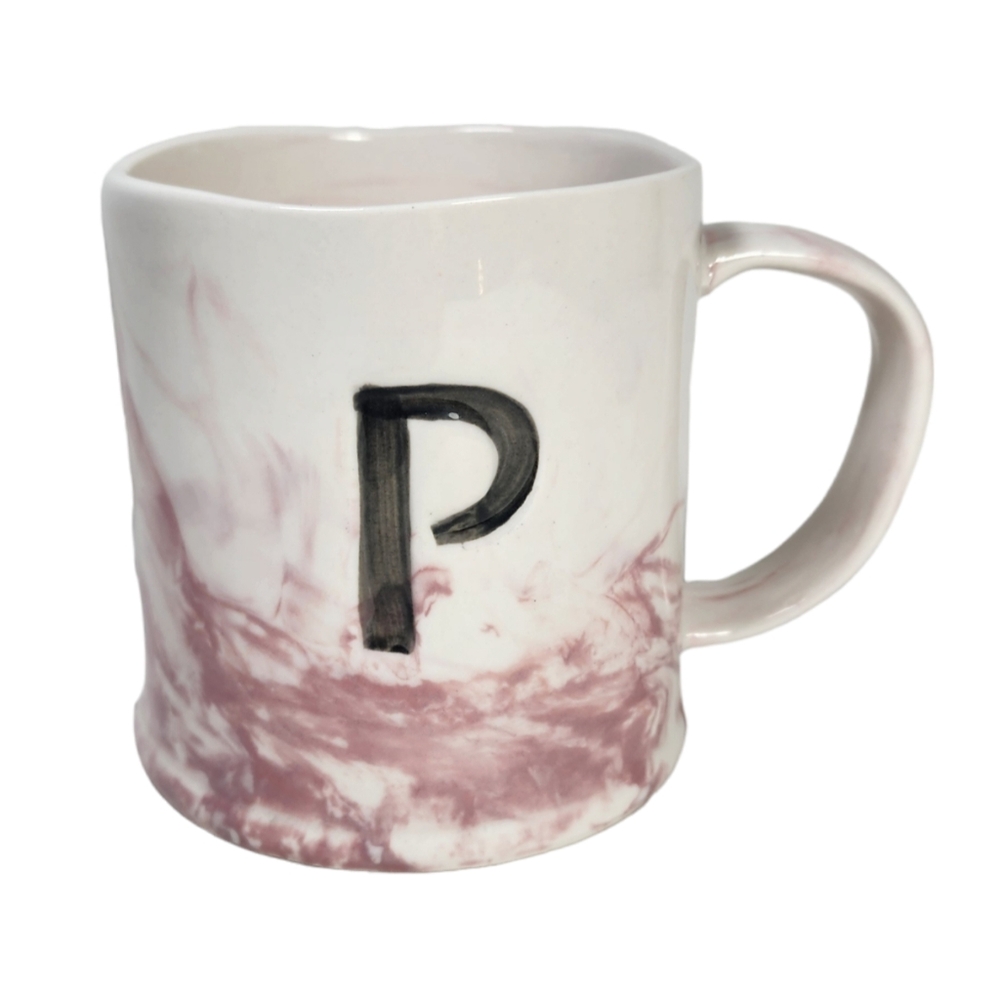 Anthropologie Pink Marbled Monogram Letter "P" Coffee Tea Mug Cup Swirl